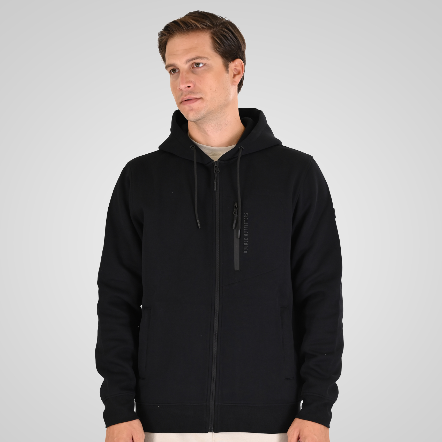 262MTOP-1160 FULL-ZIP HOODIE WITH CHEST POCKET AND THIN HIGH DENSITY PRINT (INTERLOCK) BLACK - Image 1