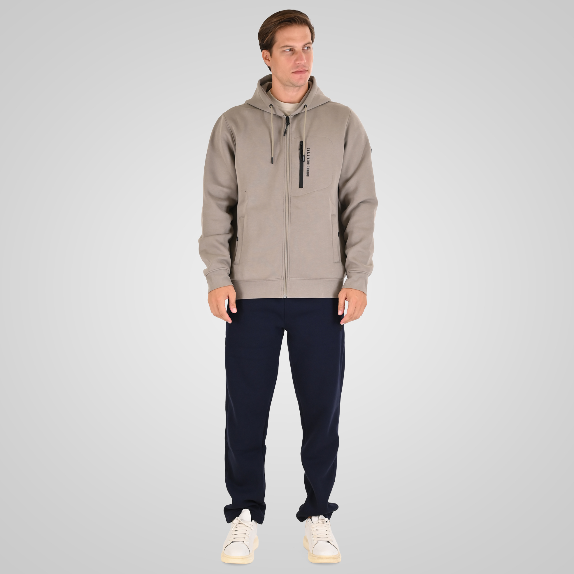 262MTOP-1160 FULL-ZIP HOODIE WITH CHEST POCKET AND THIN HIGH DENSITY PRINT (INTERLOCK) SMOKE BEIGE - Image 2