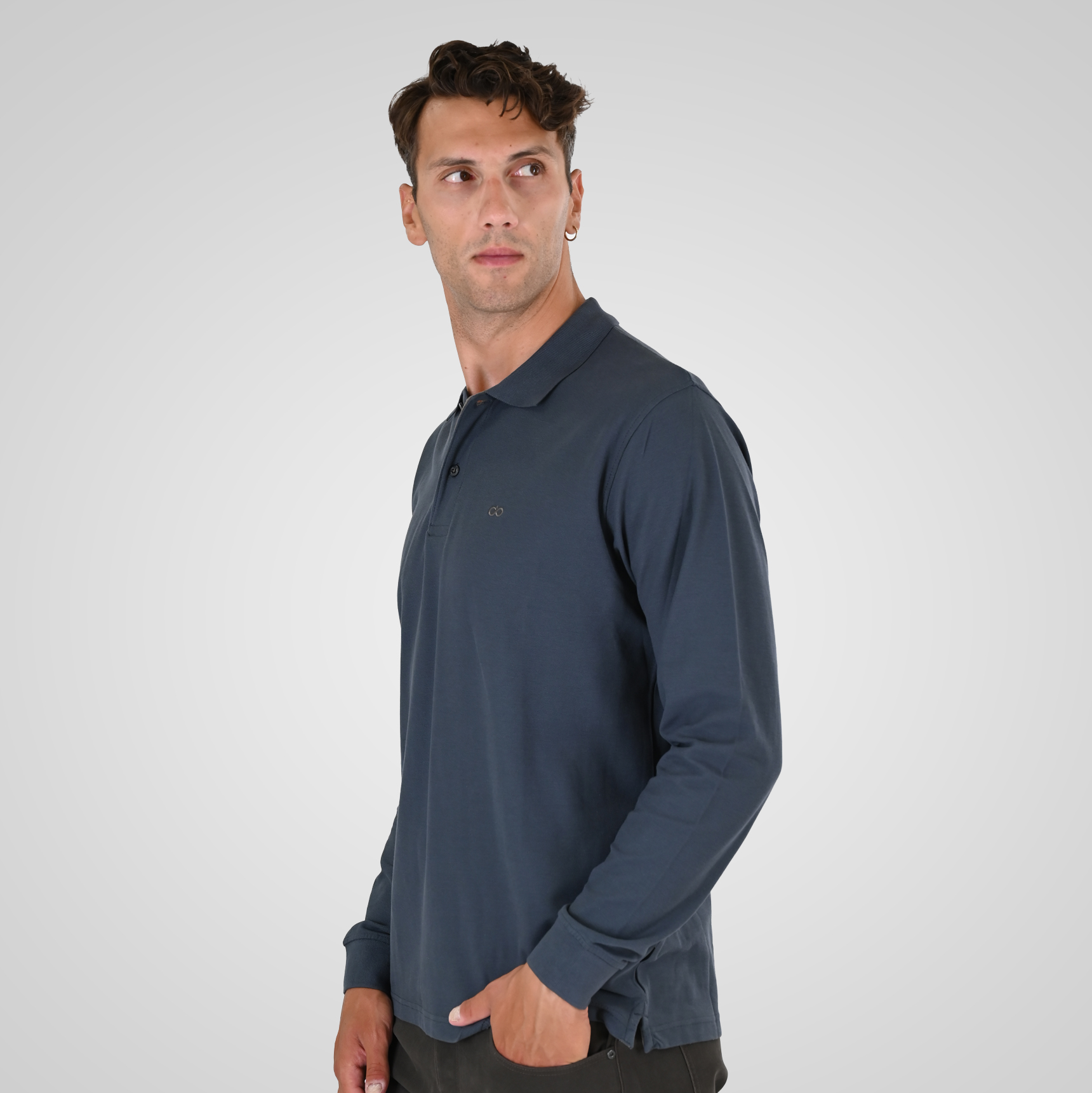 262PS-3097 POLO PIQUE LONGSLEEVE WITH DENSE EMBROIDERY STEEL BLUE - Image 3