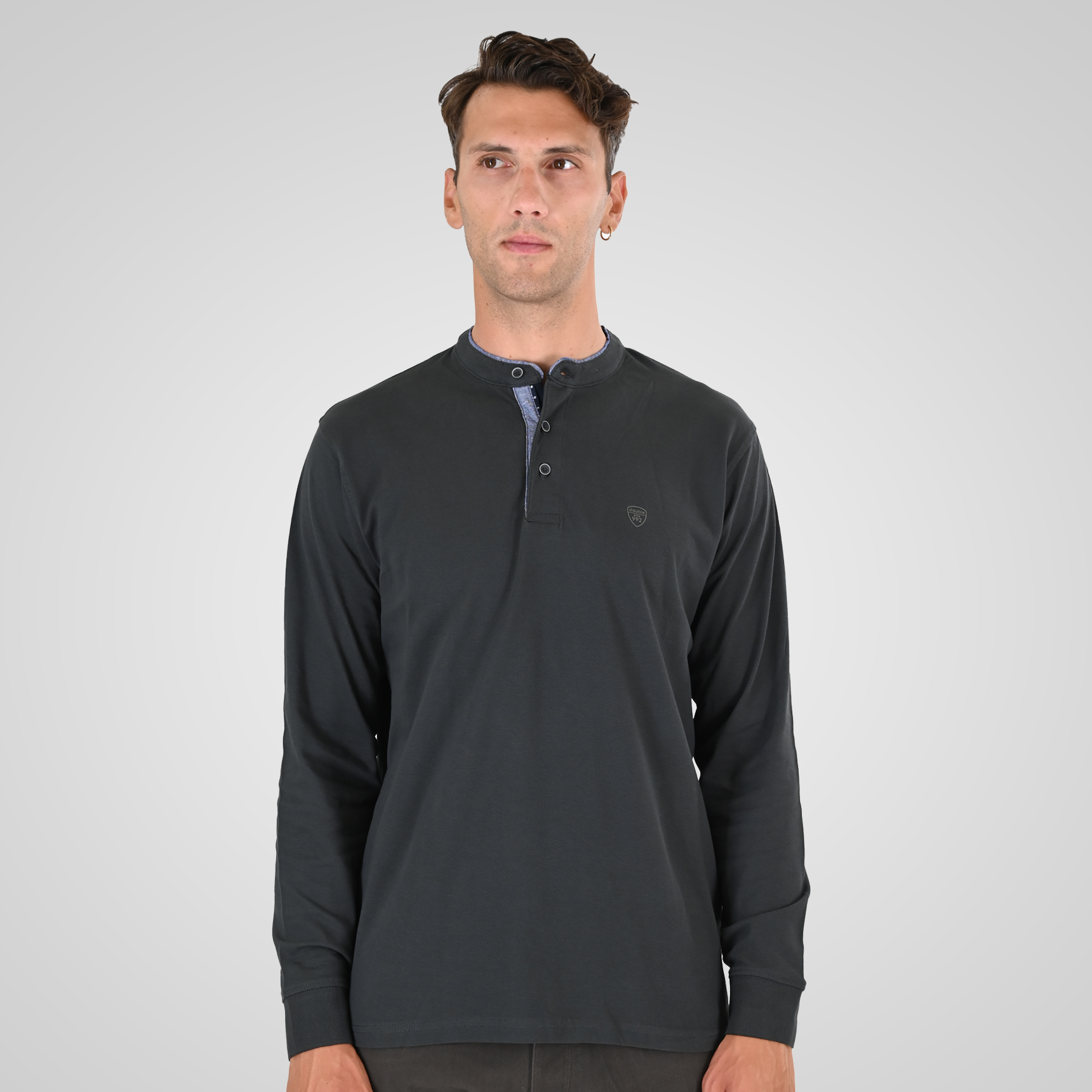 262PS-3099 POLO PIQUE WITH MAO COLLAR LONGSLEEVE AND HIGH DENSITY PRINT DK KHAKI - Image 1