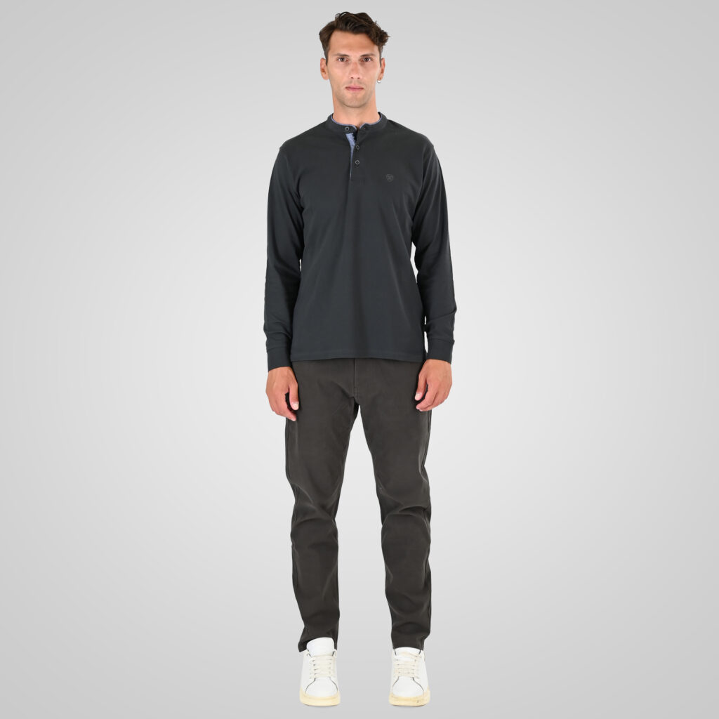 262PS-3099 POLO PIQUE WITH MAO COLLAR LONGSLEEVE AND HIGH DENSITY PRINT DK KHAKI