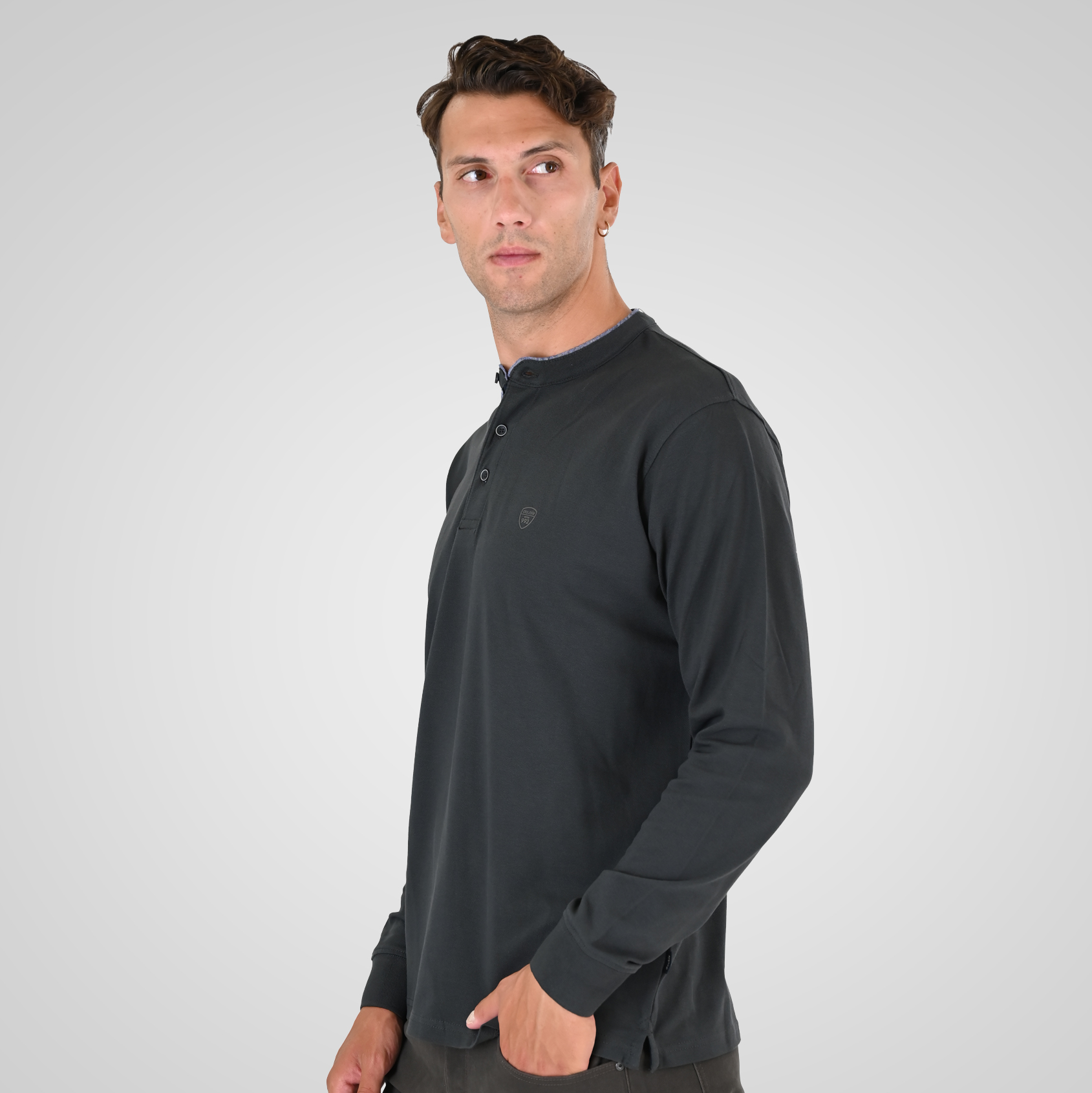 262PS-3099 POLO PIQUE WITH MAO COLLAR LONGSLEEVE AND HIGH DENSITY PRINT DK KHAKI - Image 3