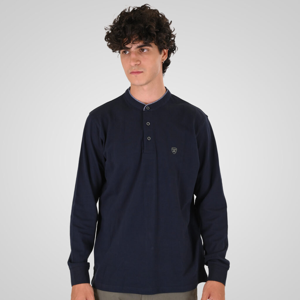 262PS-3099 POLO PIQUE WITH MAO COLLAR LONGSLEEVE AND HIGH DENSITY PRINT NAVY