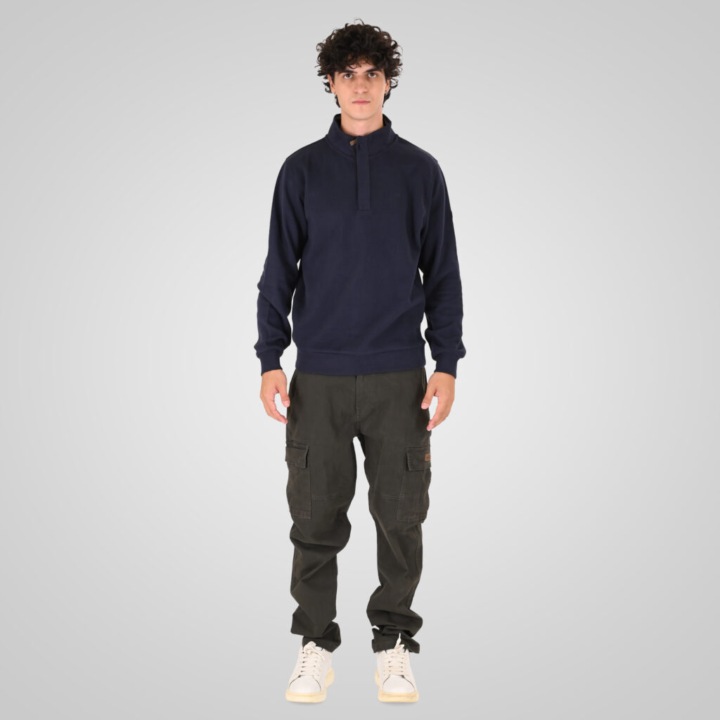 262SEL-1167 TOP WITH ZIPPER UNDER HALF MAIN PLACKET AND DENSE EMBROIDERY (SELANIK WITH PEACH FINISH) NAVY