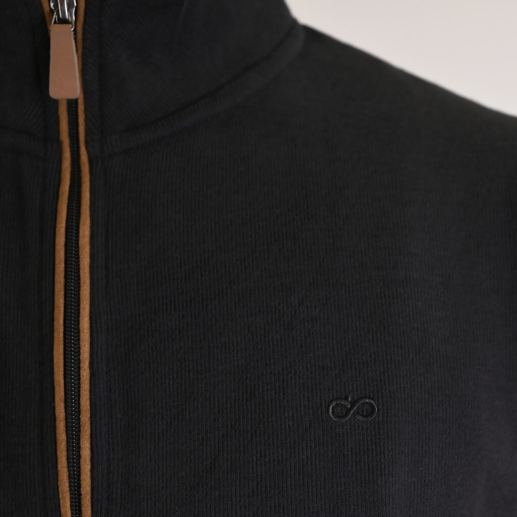 262SEL-1168 TOP FULL ZIP WITH POCKETS AND STAND-UP COLLAR WITH DENSE EMBROIDERY (SELANIK WITH PEACH FINISH) BLACK