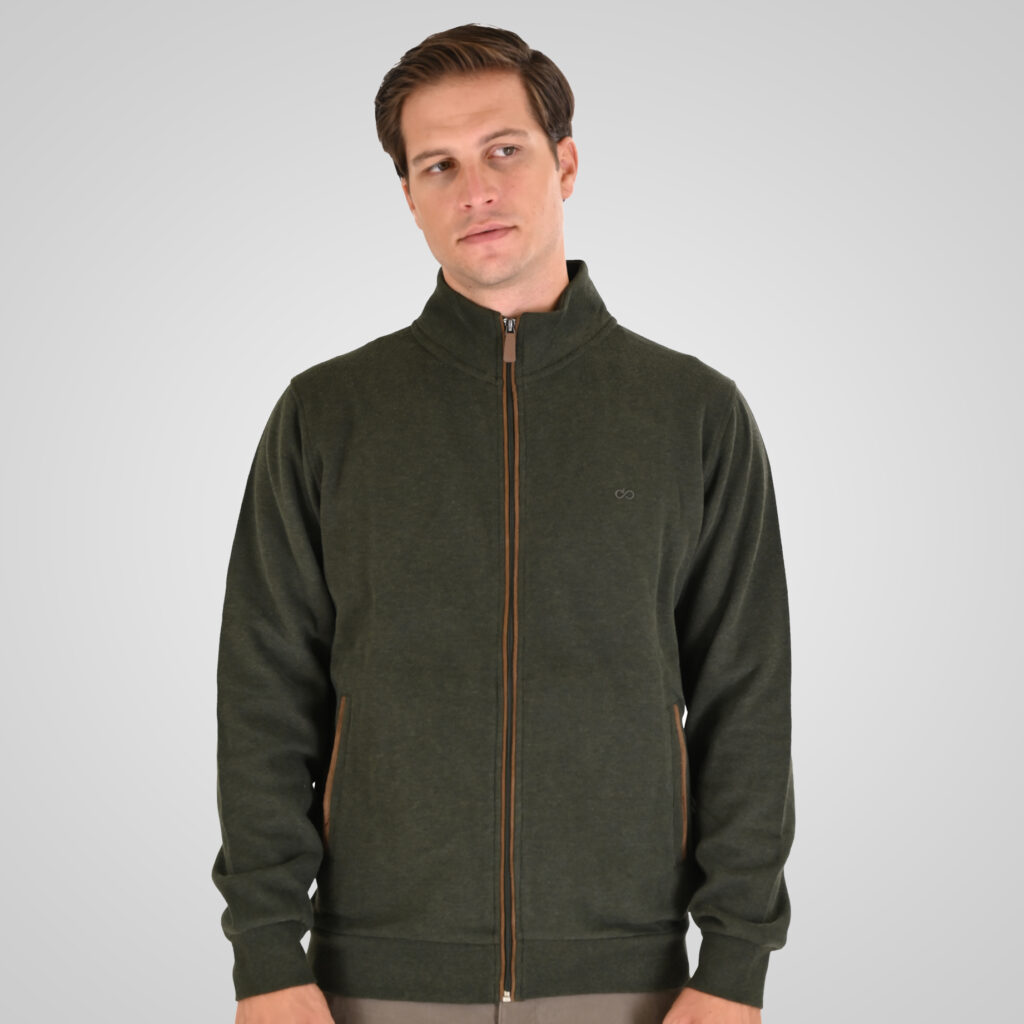 262SEL-1168 TOP FULL ZIP WITH POCKETS AND STAND-UP COLLAR WITH DENSE EMBROIDERY (SELANIK WITH PEACH FINISH) KHAKI MELANGE