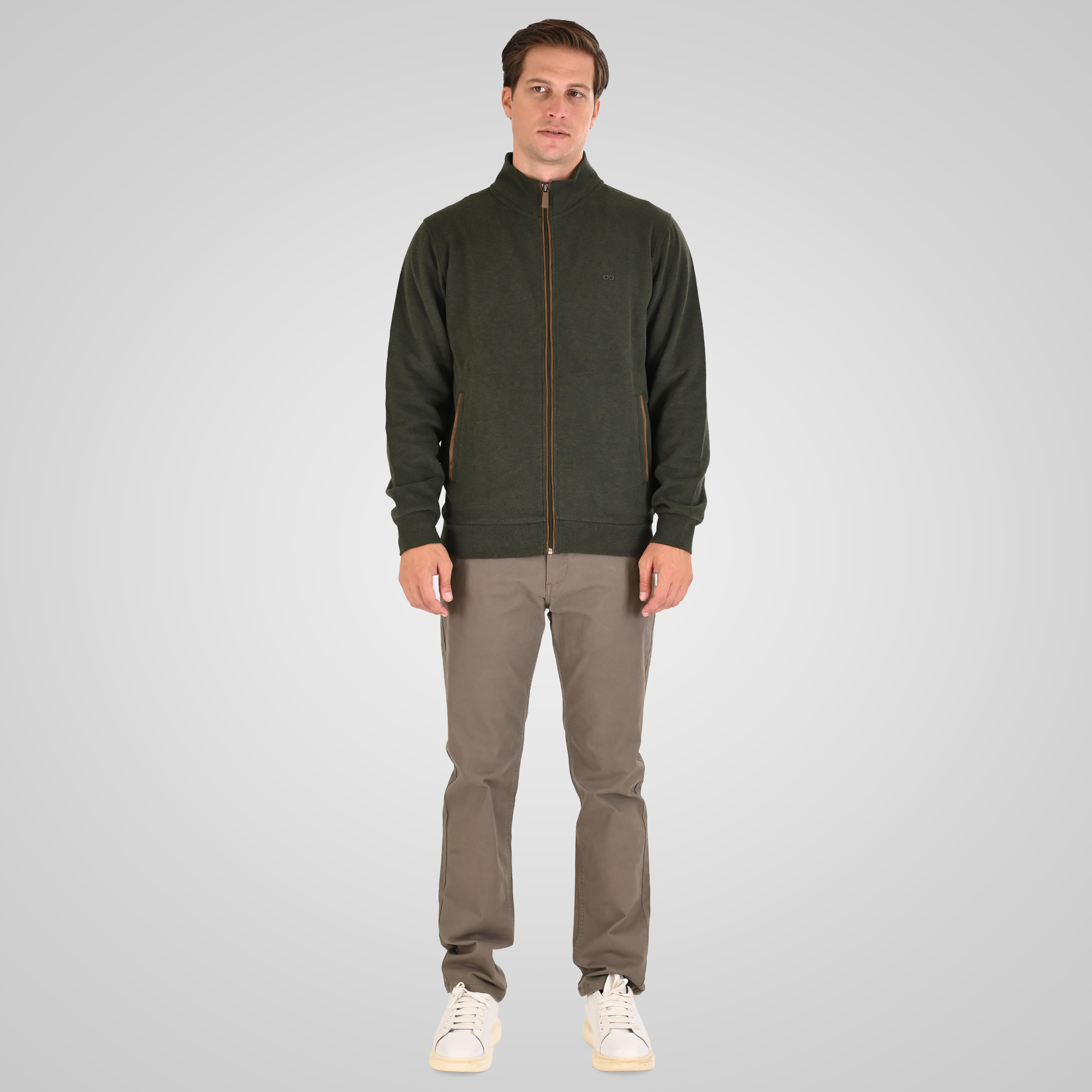 262SEL-1168 TOP FULL ZIP WITH POCKETS AND STAND-UP COLLAR WITH DENSE EMBROIDERY (SELANIK WITH PEACH FINISH) KHAKI MELANGE - Image 2