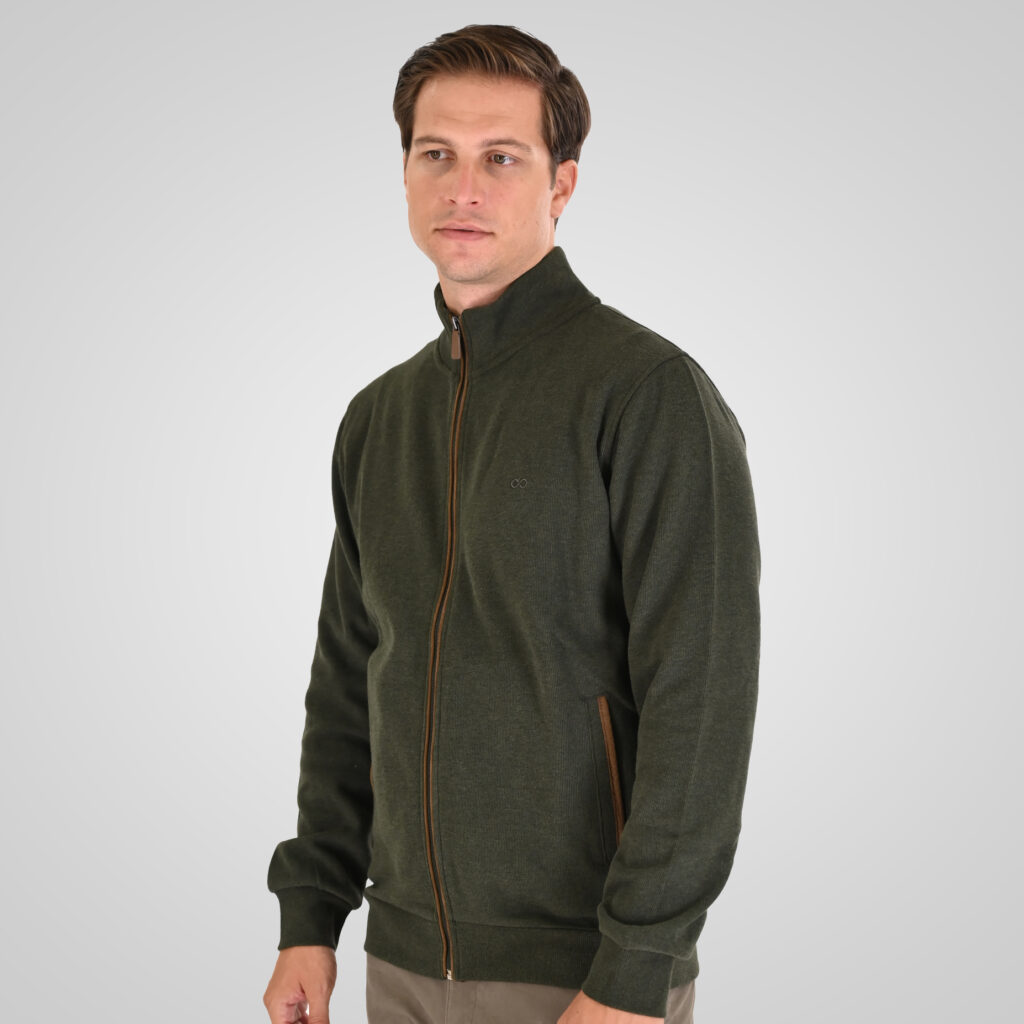 262SEL-1168 TOP FULL ZIP WITH POCKETS AND STAND-UP COLLAR WITH DENSE EMBROIDERY (SELANIK WITH PEACH FINISH) KHAKI MELANGE