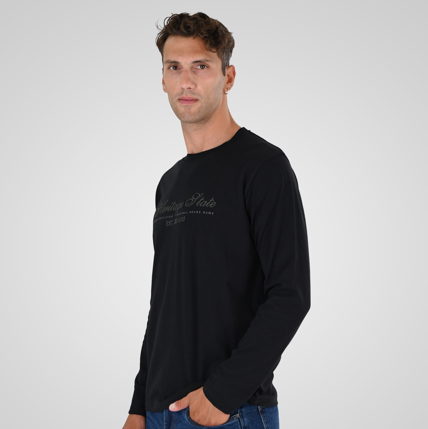 262TS-9171 T-SHIRTS LONGSLEEVE WITH DENSE EMBROIDERY AND THIN HIGH DENSITY PRINT (HEAVY JERSEY) BLACK - Image 3