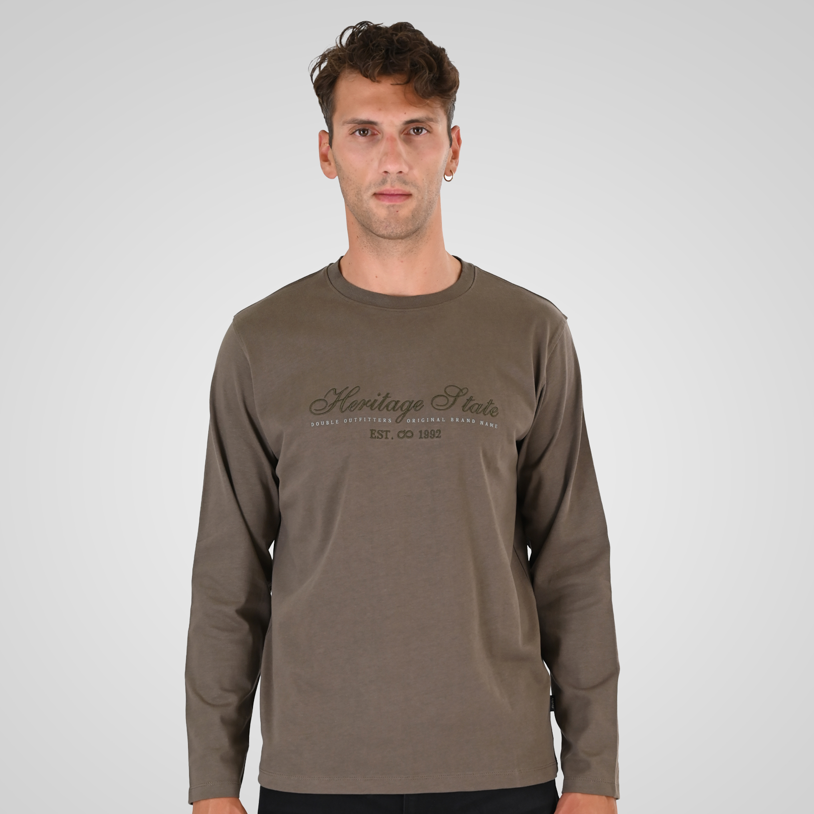 262TS-9171 T-SHIRTS LONGSLEEVE WITH DENSE EMBROIDERY AND THIN HIGH DENSITY PRINT (HEAVY JERSEY) TAUPE - Image 1