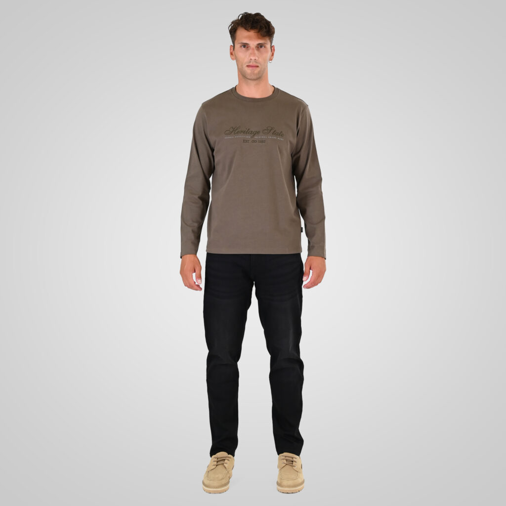 262TS-9171 T-SHIRTS LONGSLEEVE WITH DENSE EMBROIDERY AND THIN HIGH DENSITY PRINT (HEAVY JERSEY) TAUPE