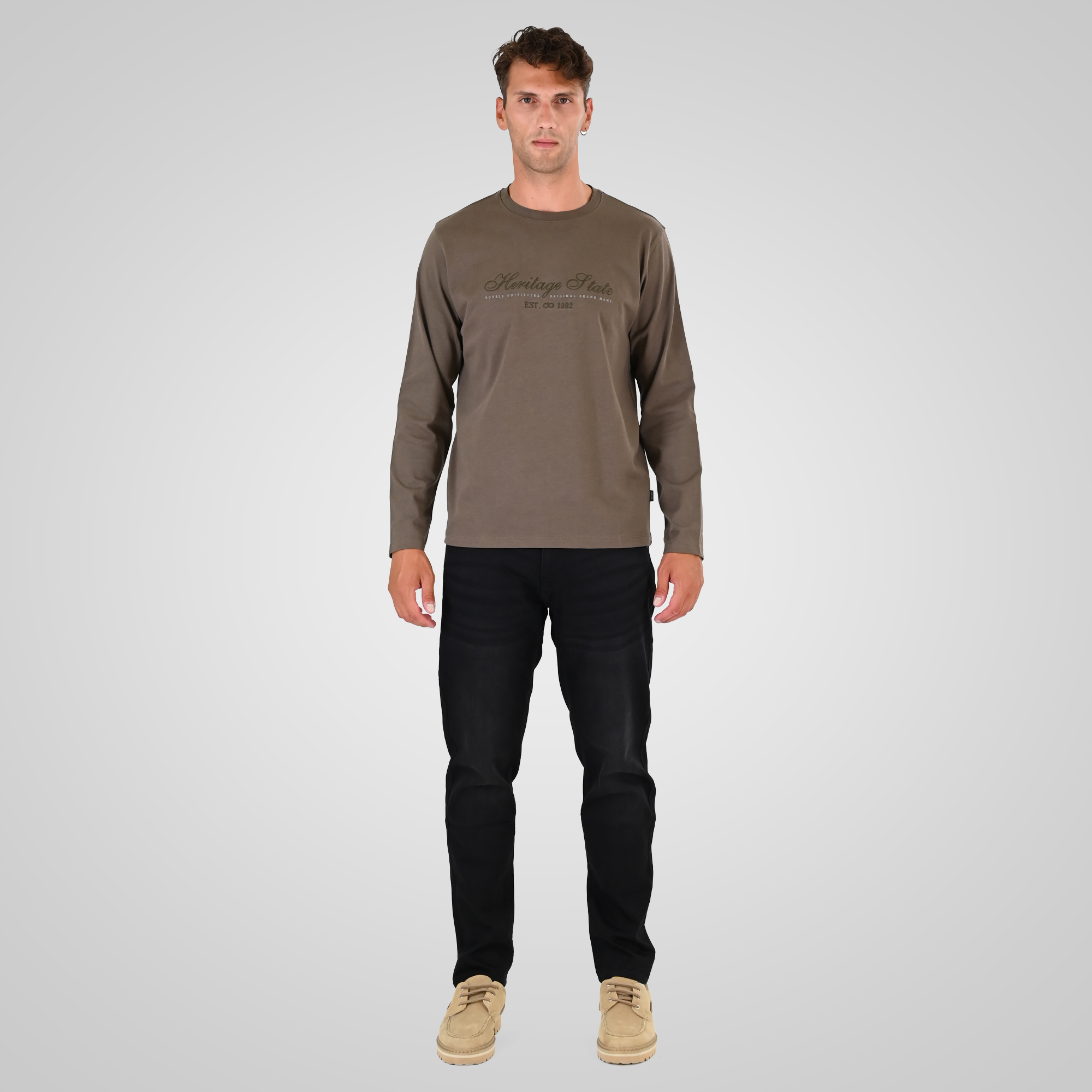 262TS-9171 T-SHIRTS LONGSLEEVE WITH DENSE EMBROIDERY AND THIN HIGH DENSITY PRINT (HEAVY JERSEY) TAUPE - Image 2