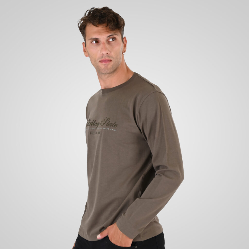 262TS-9171 T-SHIRTS LONGSLEEVE WITH DENSE EMBROIDERY AND THIN HIGH DENSITY PRINT (HEAVY JERSEY) TAUPE