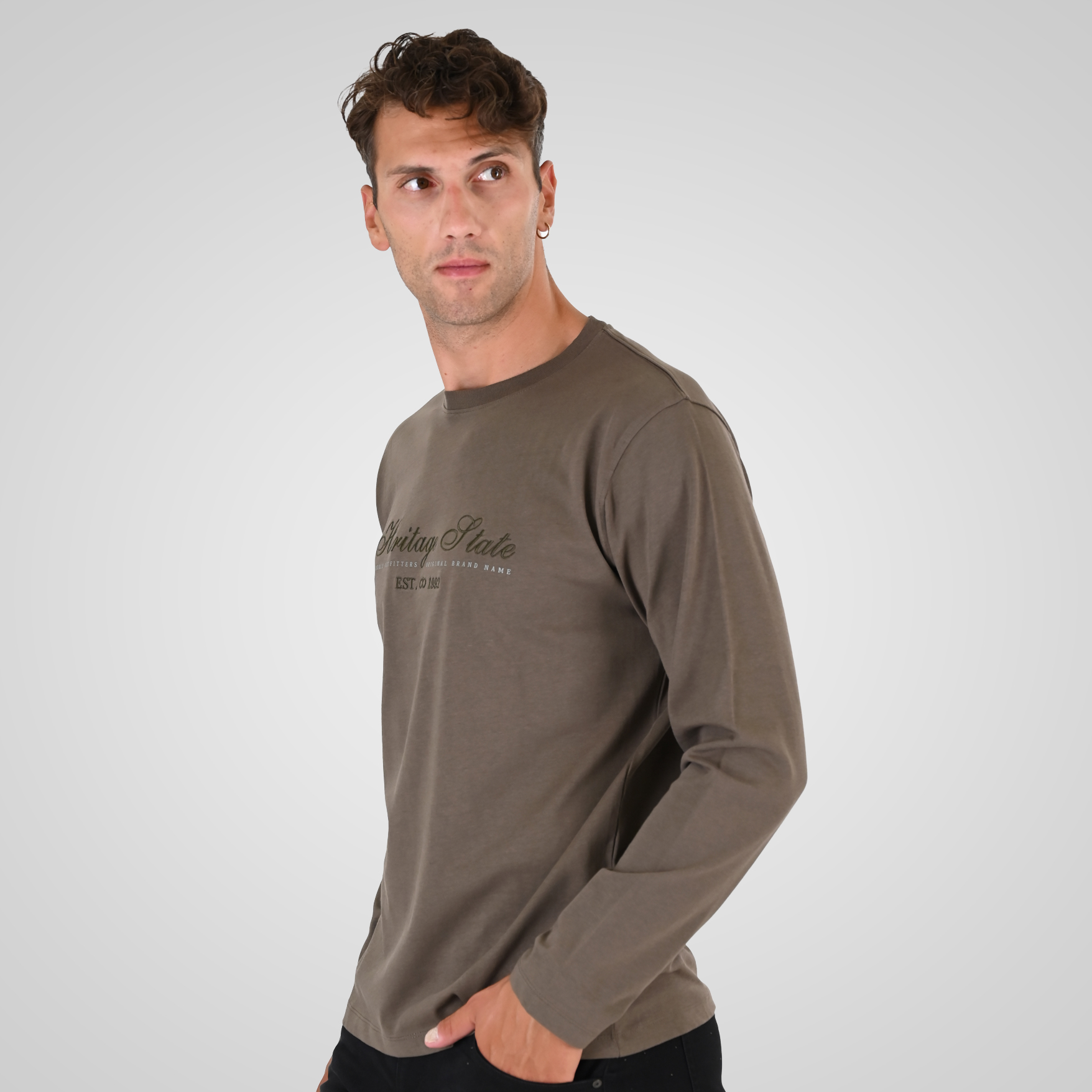 262TS-9171 T-SHIRTS LONGSLEEVE WITH DENSE EMBROIDERY AND THIN HIGH DENSITY PRINT (HEAVY JERSEY) TAUPE - Image 3