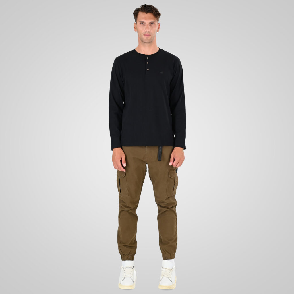 262TS-9174 T-SHIRTS HENLEY LONGSLEEVE WITH DENSE EMBROIDERY (HEAVY JERSEY) BLACK