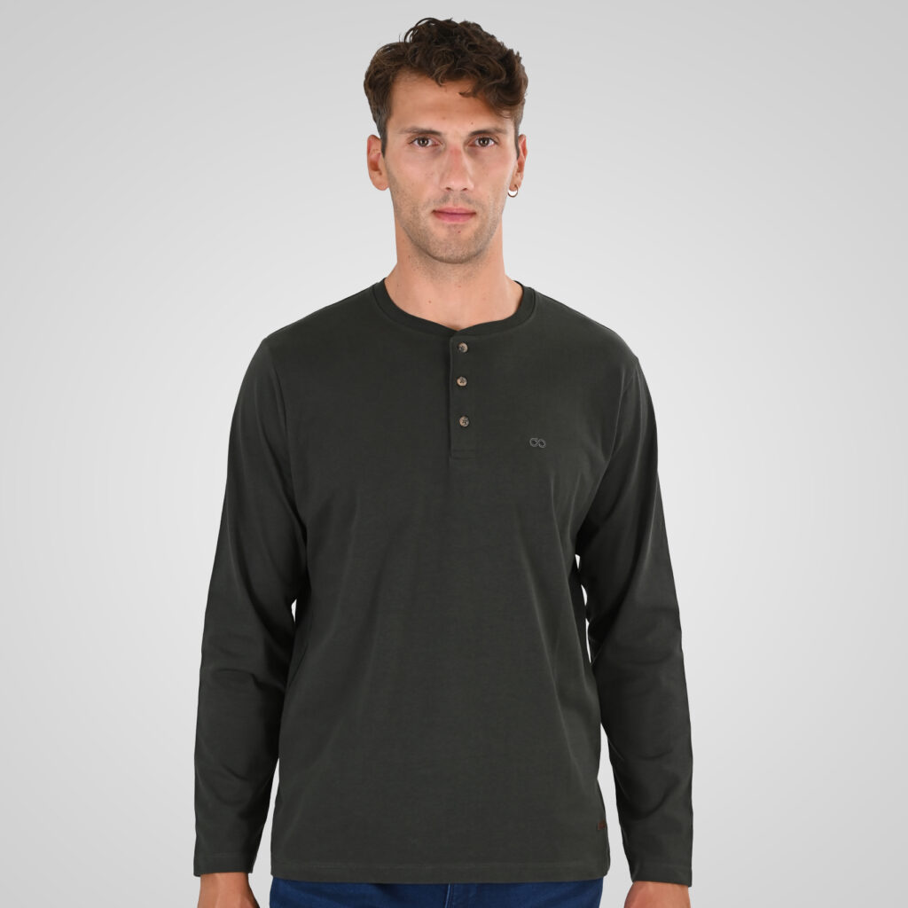 262TS-9174 T-SHIRTS HENLEY LONGSLEEVE WITH DENSE EMBROIDERY (HEAVY JERSEY) DK KHAKI