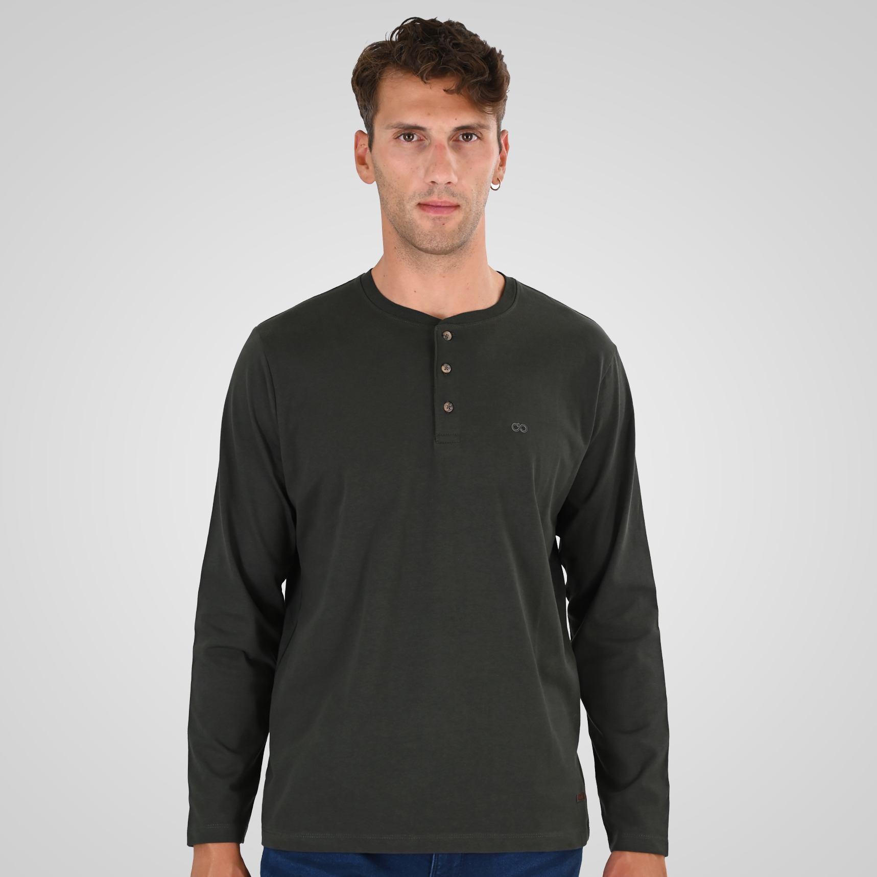 262TS-9174 T-SHIRTS HENLEY LONGSLEEVE WITH DENSE EMBROIDERY (HEAVY JERSEY) DK KHAKI - Image 1