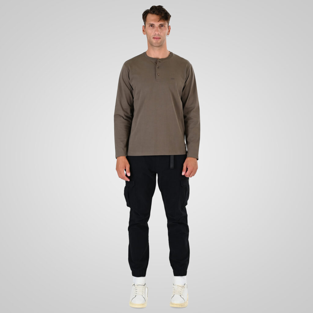 262TS-9174 T-SHIRTS HENLEY LONGSLEEVE WITH DENSE EMBROIDERY (HEAVY JERSEY) TAUPE